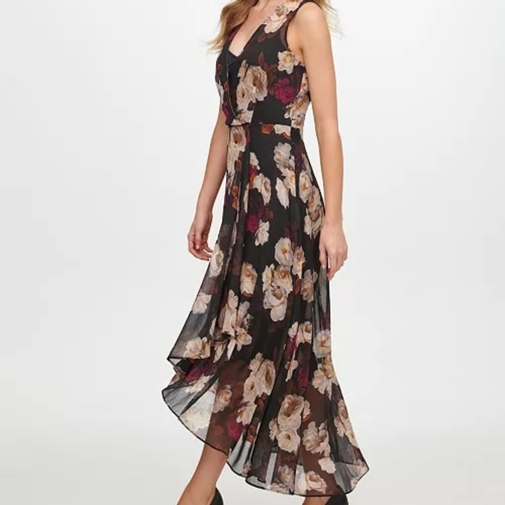 Calvin Klein 
High-Low Chiffon Maxi Dress Black, Cream, Fuchsia, Flowers 
Sz 2